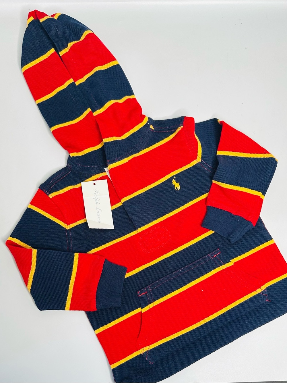Ralph Lauren Hooded Polo Sweater in Red, Navy & Yellow Stripe